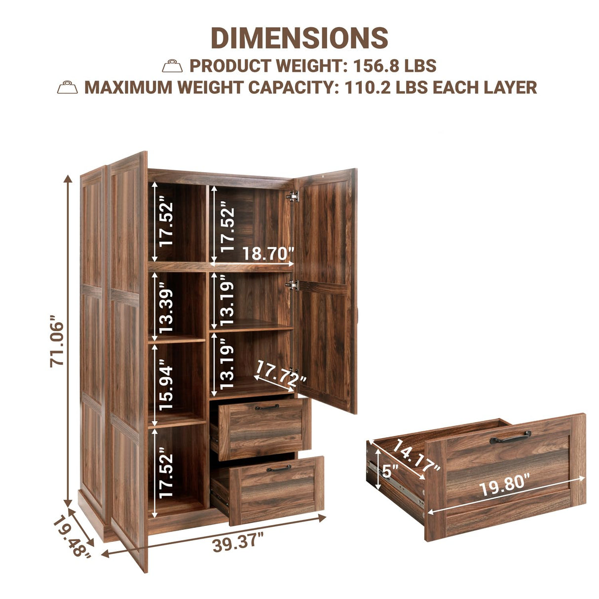 Naomi Home Storage Cabinet with 2 Barn Doors, 2 Drawers & Adjustable Shelves – Tall Wardrobe Closet Armoire for Bedroom, Living Room, or Utility Space – Brown Oak Finish Naomi Home