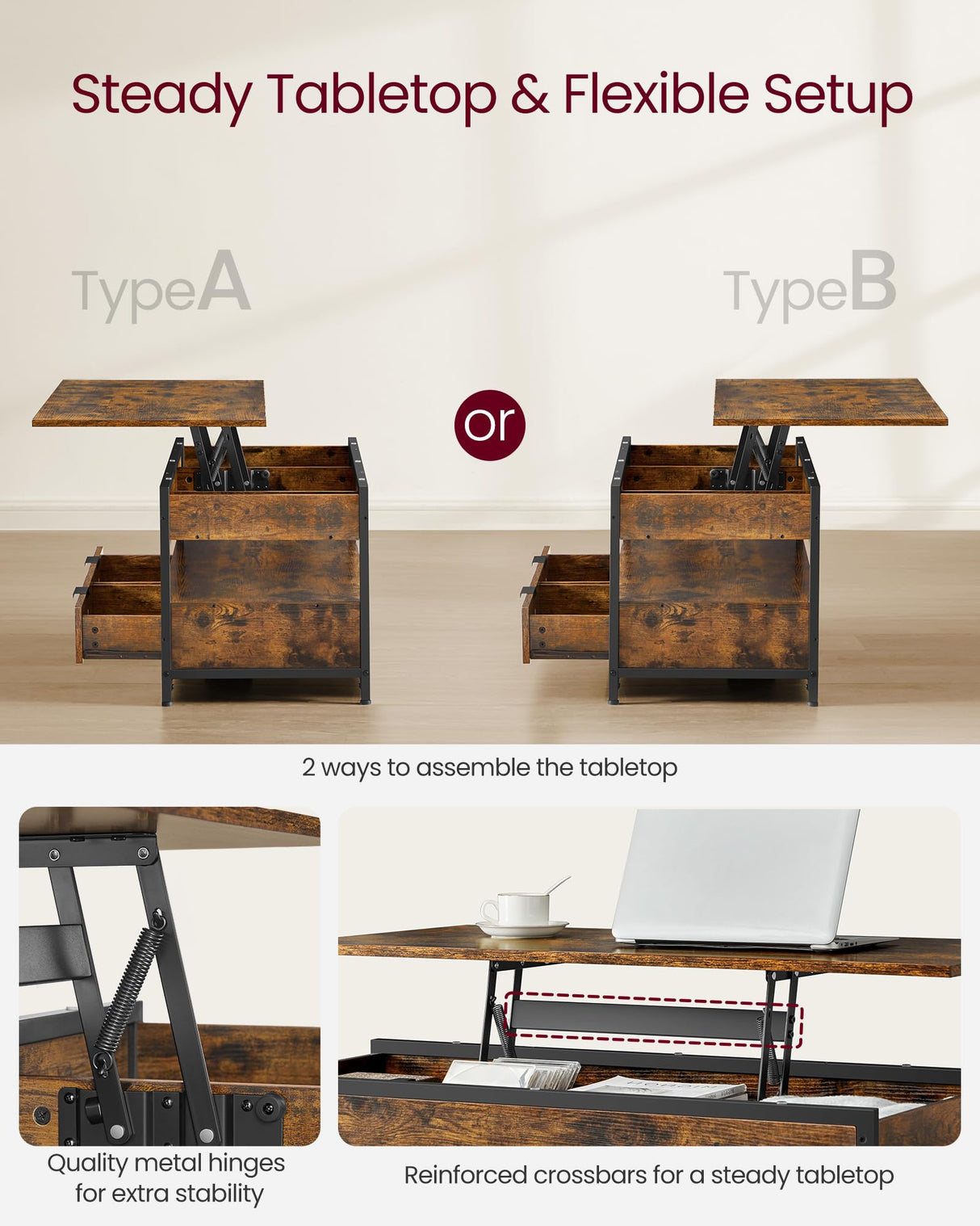 VASAGLE Lift Top Coffee Table with Storage Drawers, Coffee Table for Living Room with Lifting Top, Hidden Compartments and Open Shelf, Rustic Brown and Ink Black ULCT209K01 VASAGLE