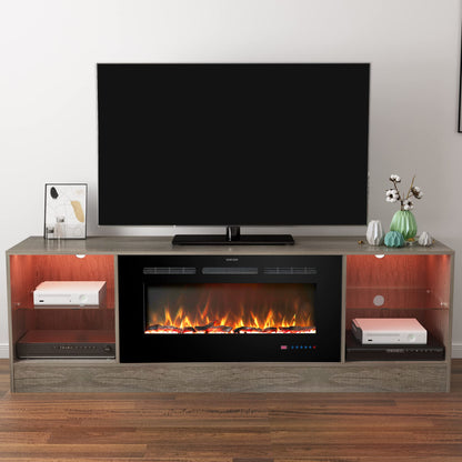 Kentsky 72" Fireplace TV Stand, Entertainment Center with 36" Electric Fireplace, LED Light Wood Storage Cabinet Table, Media Console for TVs Up to