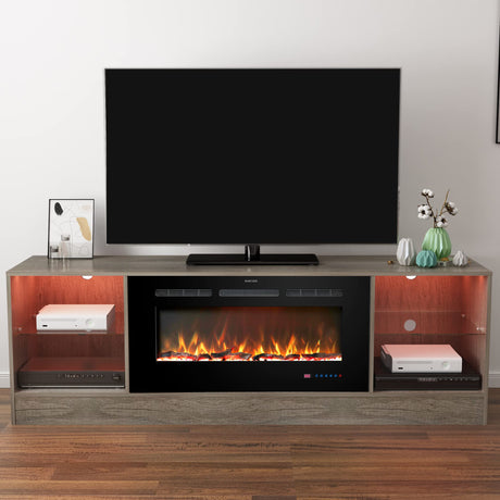 Kentsky 72" Fireplace TV Stand, Entertainment Center with 36" Electric Fireplace, LED Light Wood Storage Cabinet Table, Media Console for TVs Up to Kentsky