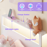 Weehom Twin Bed Frames with Headboard Shelf Storage, Wood Twin Bed Frame with Charging Station and LED Lights, No Box Spring Needed Twin Size Metal Bed Frame for Kids Students, White Weehom