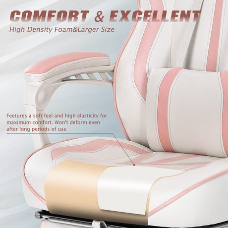 Vonesse Pink Gaming Chair for Girls, Pink Computer Gaming Chairs for Adults, Reclining Gamer Chair with Footrest with Massage, Ergonomic Home Office Gaming Chair High Back (White/Pink) Vonesse
