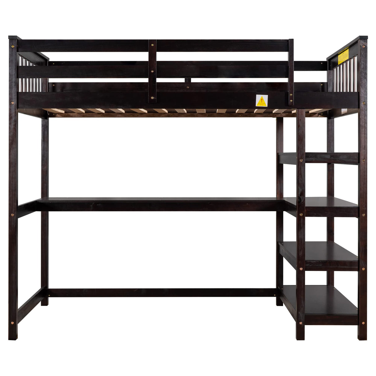 Twin Size Loft Bed with Desk & 4-Storage Shelves, Wood Loft Bed Frame with Safety Guard Rail and Under-Bed Desk, Noise Free, No Box Spring Needed, Espresso Bellemave