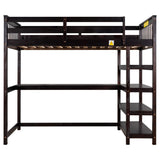 Twin Size Loft Bed with Desk & 4-Storage Shelves, Wood Loft Bed Frame with Safety Guard Rail and Under-Bed Desk, Noise Free, No Box Spring Needed, Espresso Bellemave