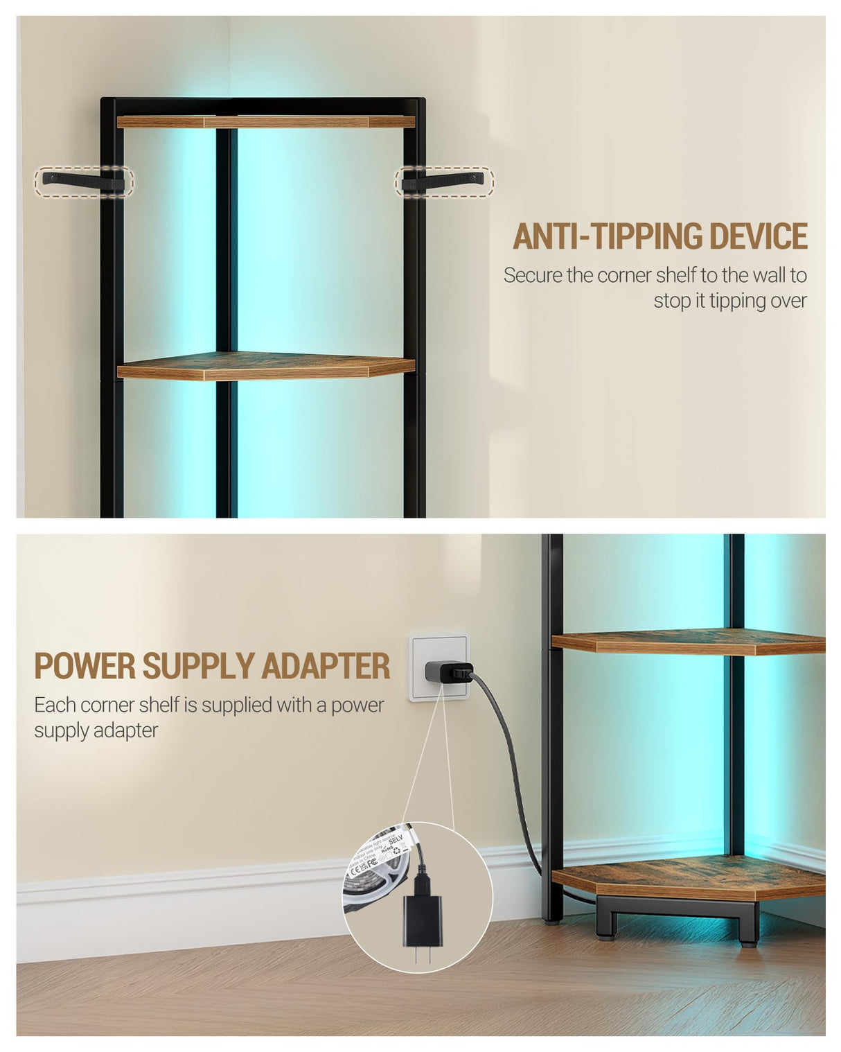Hzuaneri Corner Shelf with LED Light, 6-Tier Corner Bookshelf, Tall Narrow Display Bookcase with Metal Frame, Standing Shelf for Small Space, Living Room, Home Office, Bedroom, Rustic Brown CS66601B Hzuaneri