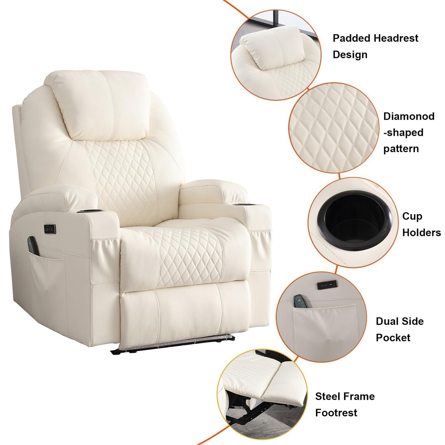 AHMED Power Recliner Chair, Home Theater Seating with LED Ambient Lighting, PU Leather Lazy Sofa Heat Massage Chair with Cup Holders/Side Pockets/USB Ports for Living Room (Beige, Single)