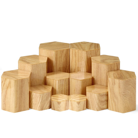 Jetec Hexagonal Jewelry Display Risers Hexagonal Market Display Risers Stands Acrylic Showcase Acrylic Stand for Jewelry Model Figures Decoration, 6 Sizes(Woodgrain,12 Pieces) Jetec