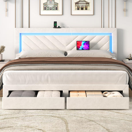 Incyneva Upholstered King Bed Frame with LED Headboard and Storage Drawer, Velvet Platform Bed Frame King Size with Charging Station, Adjustable Headboard, No Box Spring Needed, Off White Incyneva