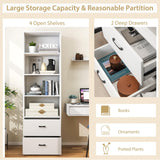 IFANNY 4 Shelf Bookcase with Drawers, Tall Bookshelves and Bookcases, Vertical Bookshelf Tower, Wood Storage Shelves, Modern Book Shelf for Bedroom, Living Room, Home Office (White, 74''H) IFANNY