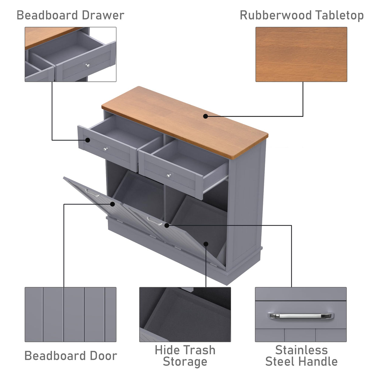 TOLEAD Double Tilt Out Trash Cabinet 20 Gallon,Antique-style Beadboard Trash Can Cabinet Kitchen with Solid Wood Tabletop & Drawer, Pet Proof Trash Can, Wood Laundry Cabinet (Grey) TOLEAD