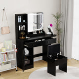 Vanity Desk Set with Mirror and LED Lights, Makeup Table with 2 Drawers & 1 Cabinet, Power Outlet, Storage Cushioned Stool, Dressing Table for Bedroom (Black) Panana