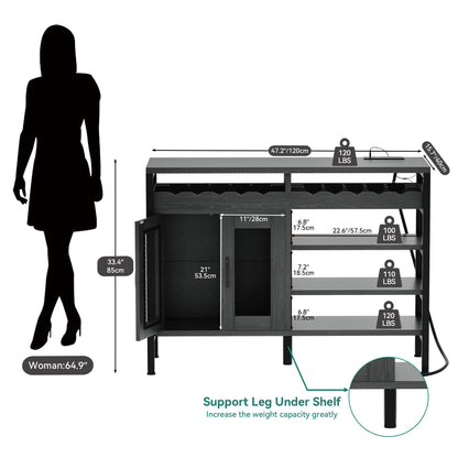 YITAHOME Liquor Cabinet Bar for Home, 47" Industrial Wine Buffet Cabinet with LED Lights,Power Outlets and Wine Rack Storage Small Coffee Bar Cabinet for Kitchen Dining Living Room Black