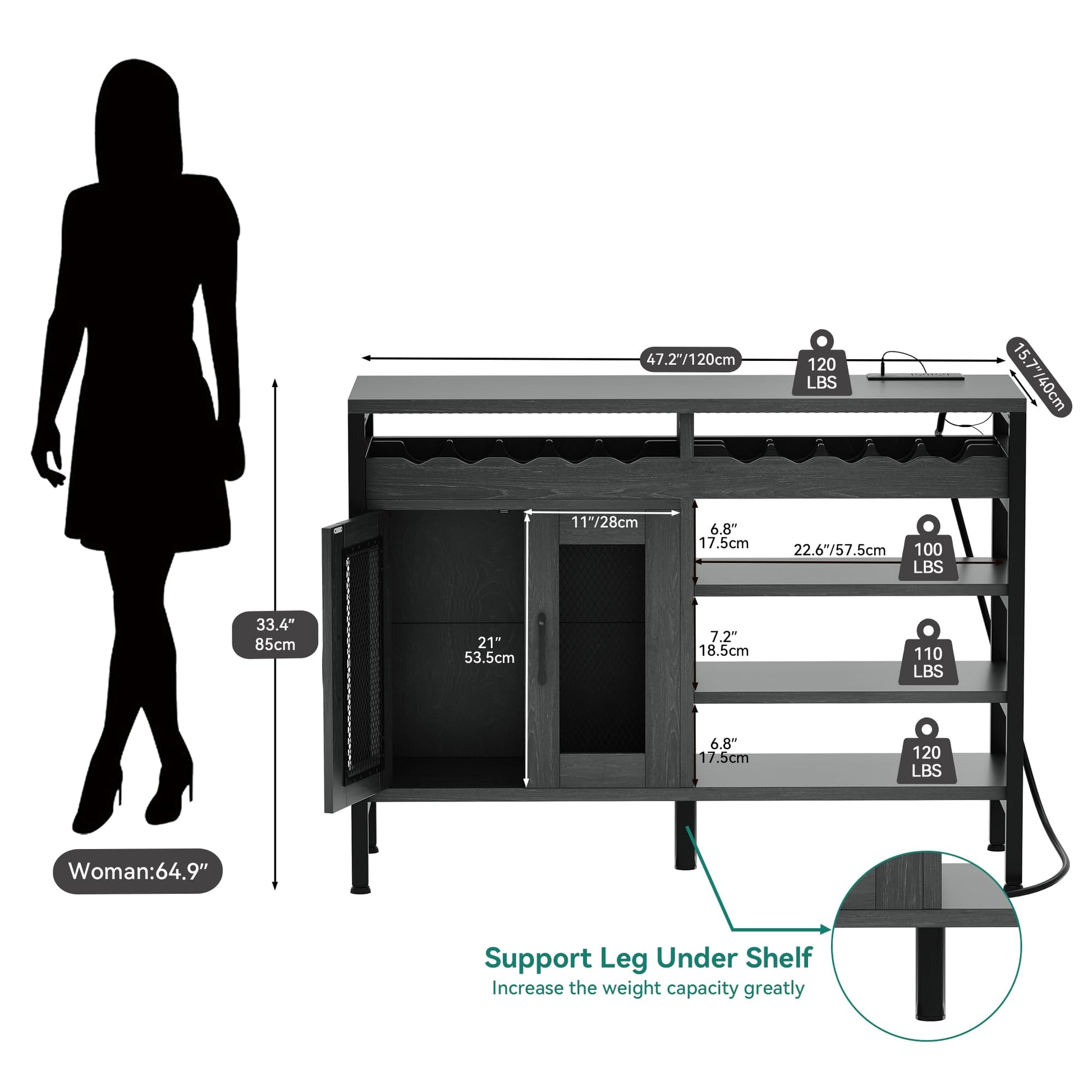 YITAHOME Industrial 47" Wine Bar Cabinet with LED Lights and Power Outlets in Black Oak - WoodArtSupply