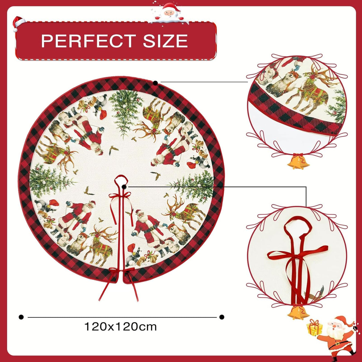 Christmas Tree Skirt 48 Inch Santa Claus Peace Love Xmas Tree Mat Decoration Winter Xmas Holiday Ornaments Home Party Decorations (Beige, 48x48 inch) Mocsicka