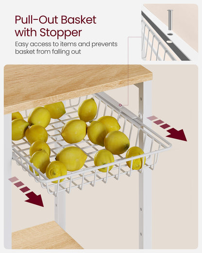 VASAGLE Baker's Rack, Coffee Bar Stand with Charging Station, Storage Shelves, Pull-Out Wire Basket, Table for Microwave, Kitchen, Oak Beige UKKS036Y09, 15.7 x 35.4 x 35.6 Inches