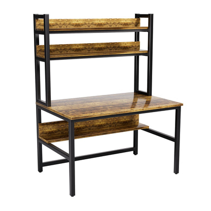 Aquzee Rustic Brown Computer Desk with Hutch & Bookshelf for Home Office – Space-Saving Industrial Design - WoodArtSupply