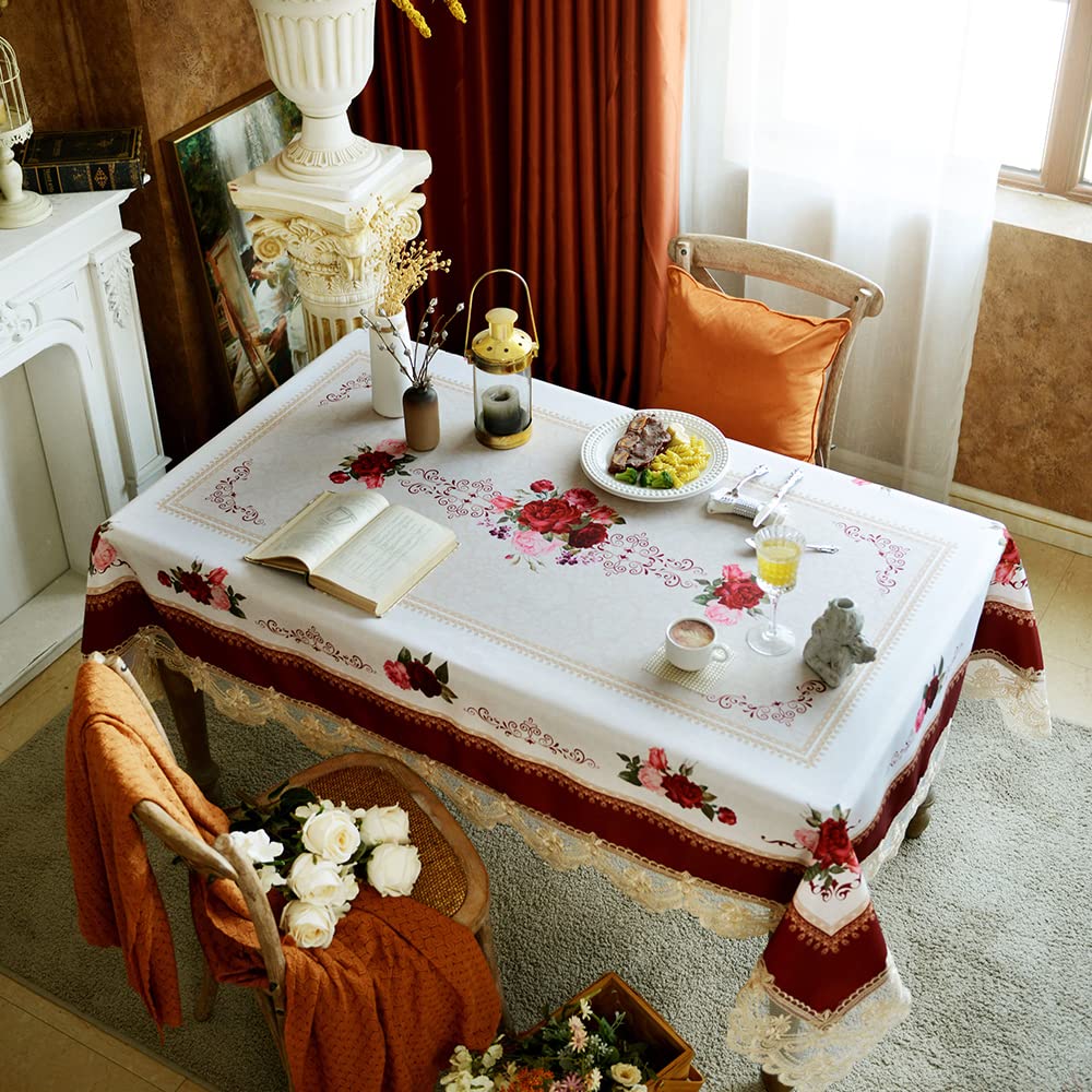 SUTAVIA Floral Lace Tablecloth Farmhouse Waterproof Fabric Table Cover Satin Resistant for Home Kitchen Dining Room Winter Holiday Christmas Party(Burgundy, Rectangle/Oblong,60 x 84 Inch,6-8 Seats) SUTAVIA