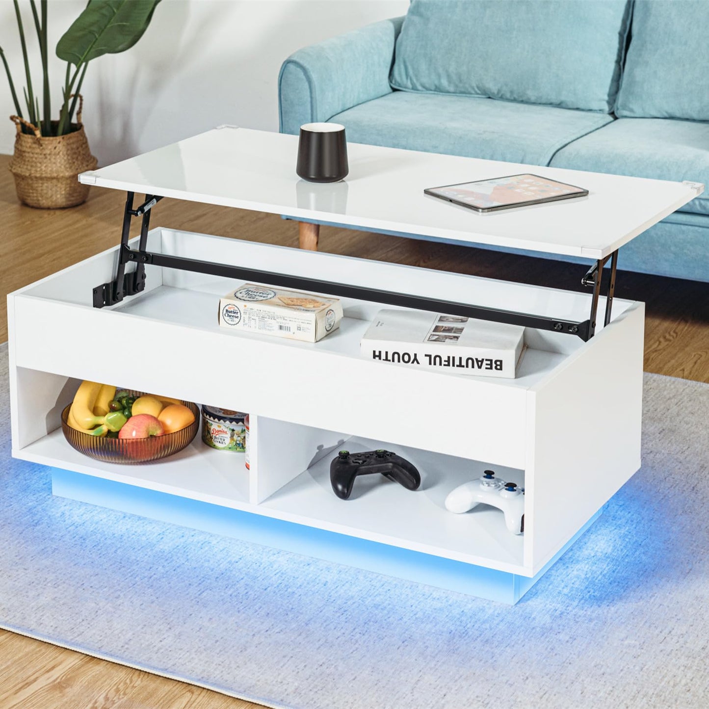 LED Coffee Table for Living Room Lift Top Coffee Tables with Storage Morden High Gloss 4 Tiers White Tea Table Center Tables Sofa Hidden Compartment & 2 Open Shelve - WoodArtSupply