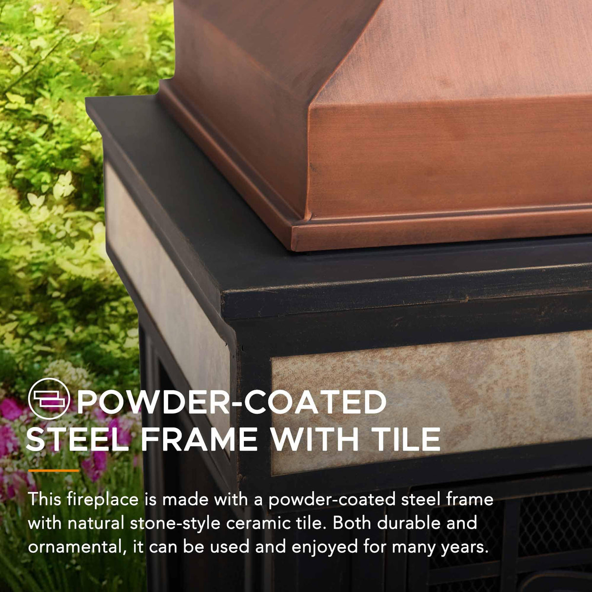 Sunjoy Outdoor Fireplace, Smith Collection Patio Wood Burning Steel Fireplace with Chimney, Spark Screen, Fire Poker, and Removable Grate, Copper with Yellow Tile Sunjoy