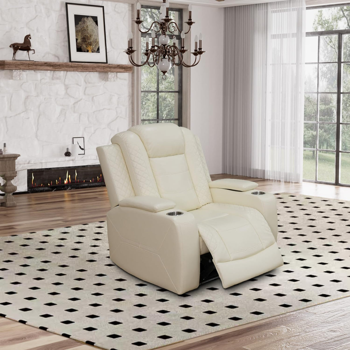 GEBADOL Power Recliner Sofa Set, Breathing Leather Sofa Set with Storage Console/Cup Holders/USB Ports, Leather Reclining Couch Set for Living Room (Creamy White, Sofa+LOVESEAT+Chair) GEBADOL