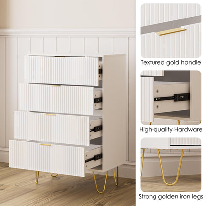 AEPOALUA 4 Drawer Dresser,Drawer Chest,Tall Storage Dresser Cabinet Organizer Unit with Gold Handles,White Dresser for Bedroom,Living Room,Closet,Hallway,Stripe - WoodArtSupply