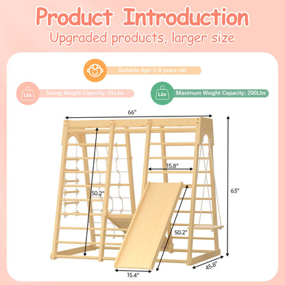 Indoor Jungle Gym, Montessori Climbing Toys, Toddler Indoor Playground Set 8-in-1 with Swing, Armband, Rock Climb Wall, Slide, Monkey Bar, Wood & Rope Ladder, Rope Wall Ladder for Kids 1-8yrs - WoodArtSupply