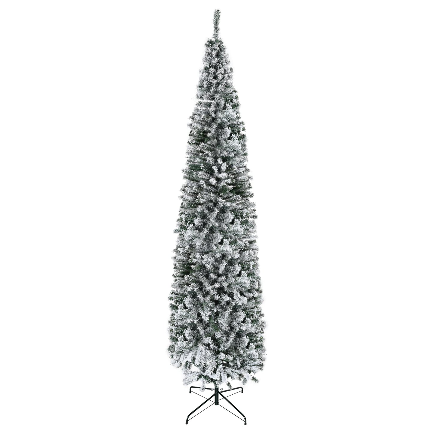 HOMCOM 9' Tall Unlit Snow-Flocked Slim Artificial Christmas Tree with Realistic Branches and 1014 Tips