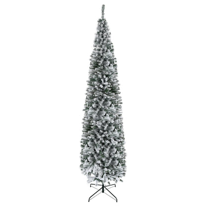 HOMCOM 9' Tall Unlit Snow-Flocked Slim Artificial Christmas Tree with Realistic Branches and 1014 Tips