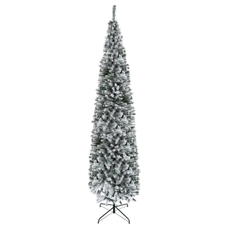 HOMCOM 9' Tall Unlit Snow-Flocked Slim Artificial Christmas Tree with Realistic Branches and 1014 Tips HOMCOM