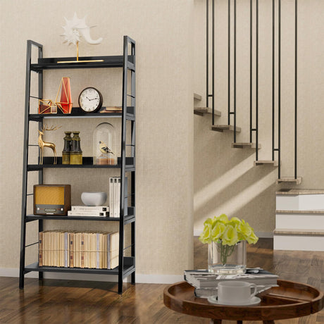 Himimi Black Ladder Bookshelf, 5 Shelf Bookcase Industrial Bookshelf Wood and Metal Bookshelves, Plant Flower Stand Rack Book Storage Shelves for Living Room, Bedroom, Home Office Himimi