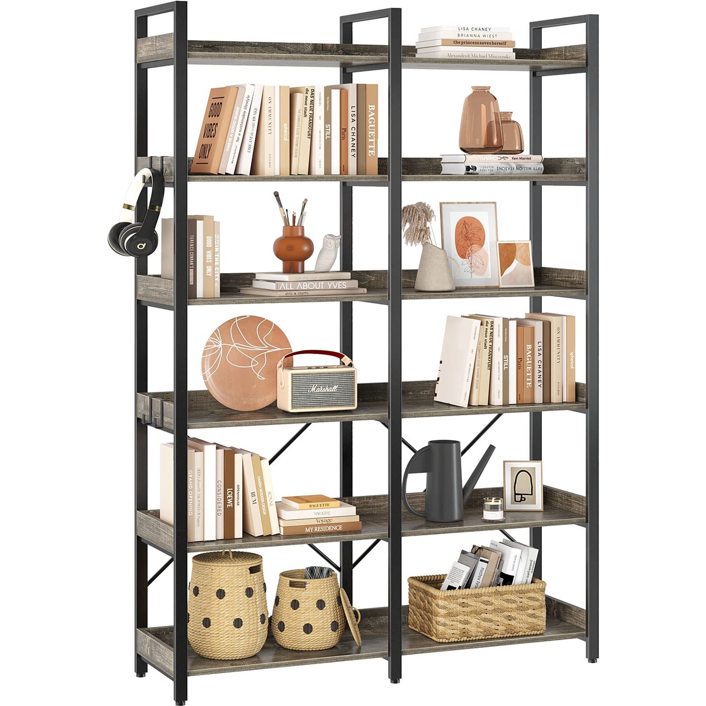 Seventable 6-Tier Industrial Wood and Metal Bookshelf with 4 Hooks – Rustic Grey Display Rack - WoodArtSupply