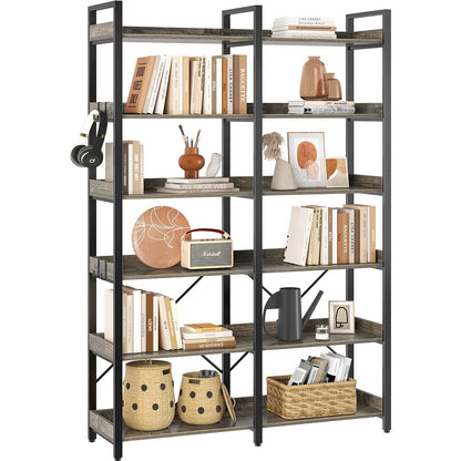 Seventable 6-Tier Industrial Wood and Metal Bookshelf with 4 Hooks – Rustic Grey Display Rack - WoodArtSupply