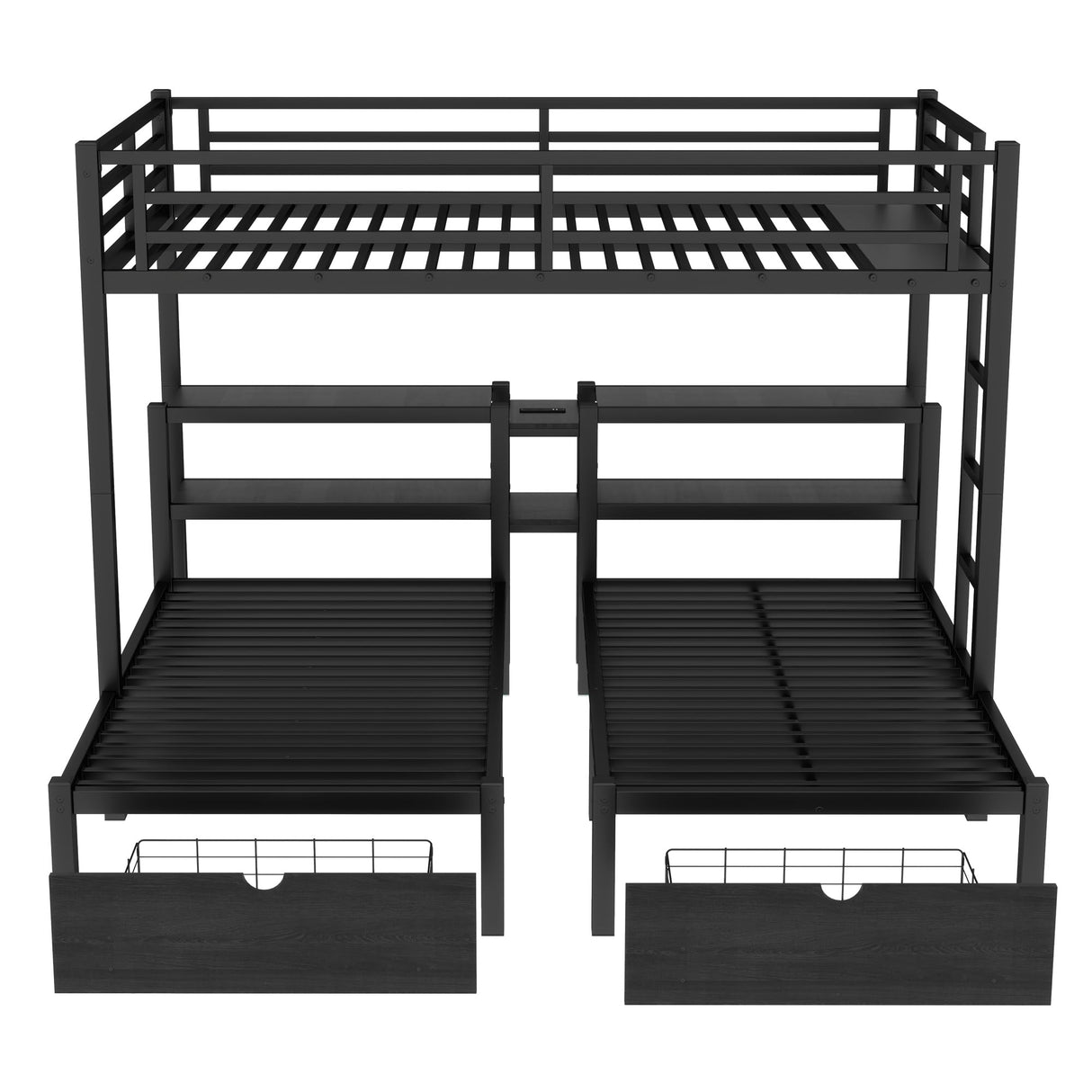 Heavy Duty Triple Bunk Bed with Storage Drawers, Shelves, Triple Bed with Charging Station, Full XL Over Twin Over Twin Triple Bunk for Kids, Teens, Black Triple Bunk Bed Bellemave