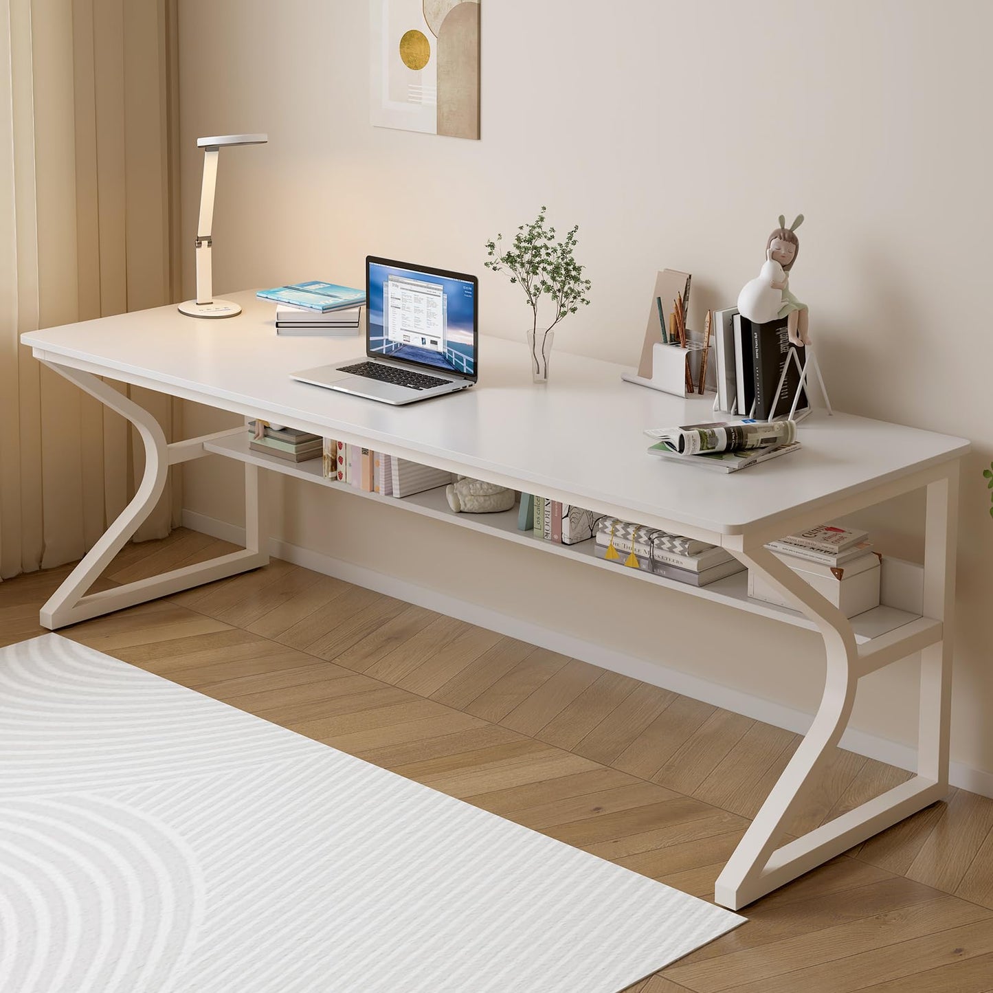 Extra Long OSCHF Desk with Bookshelf - 71" Modern Workstation for Home and Office in Warm White - WoodArtSupply