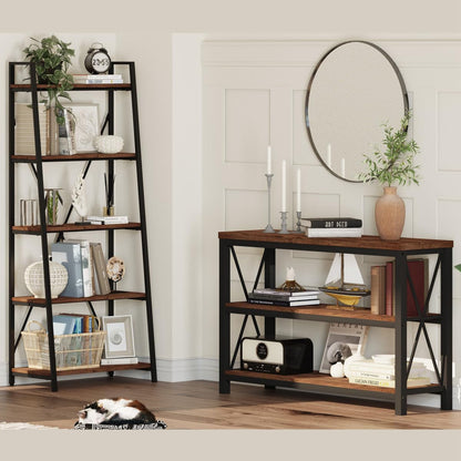 BON AUGURE Rustic Oak 5-Tier Industrial Ladder Shelf Bookcase - WoodArtSupply