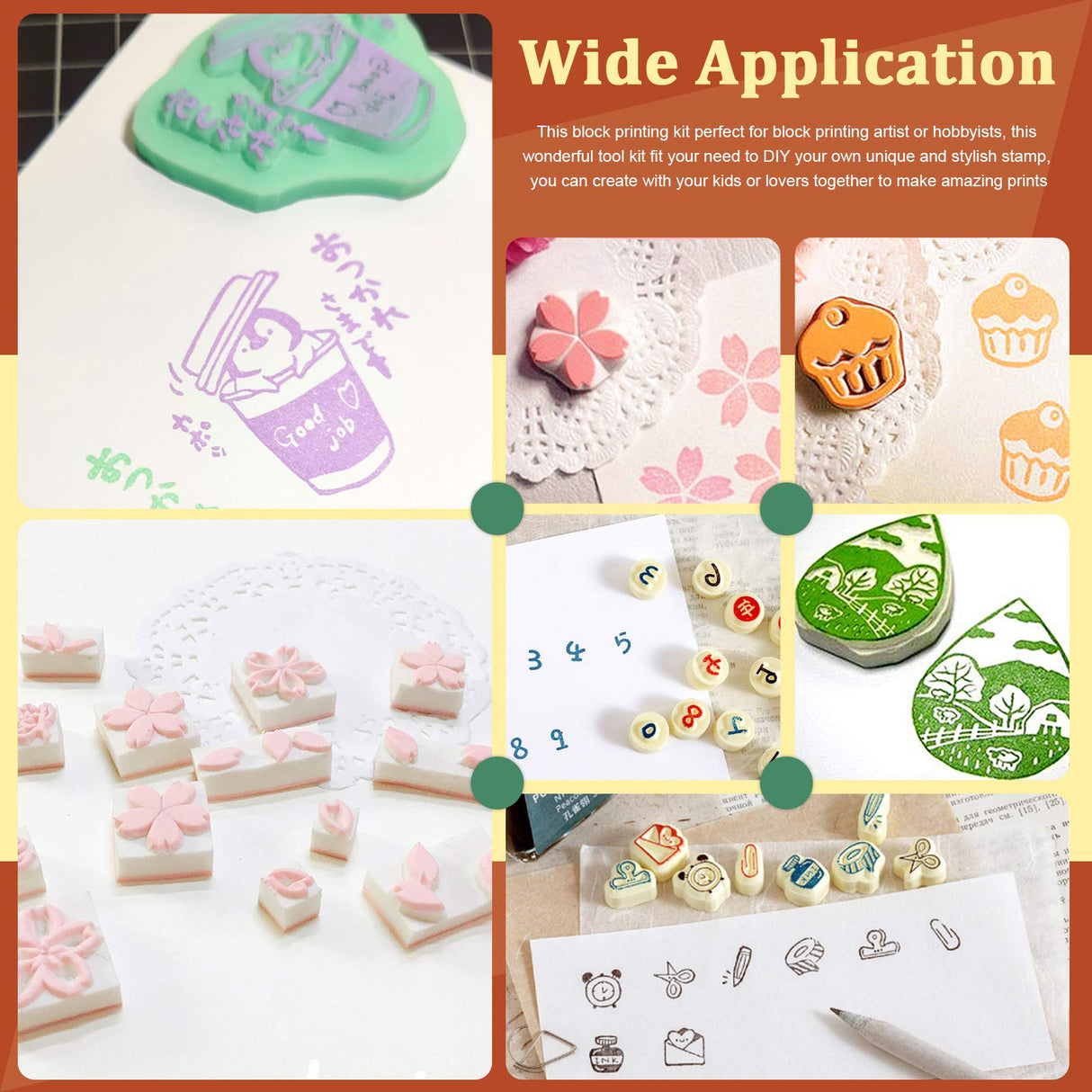 Keadic 24 Pieces Block Printing Starter Tool Kit, Rubber Stamps Making Set with Round & Square Rubber Carving Blocks, Linoleum Cutter Tools & Grindstone for Stamp Carving and Printmaking Keadic