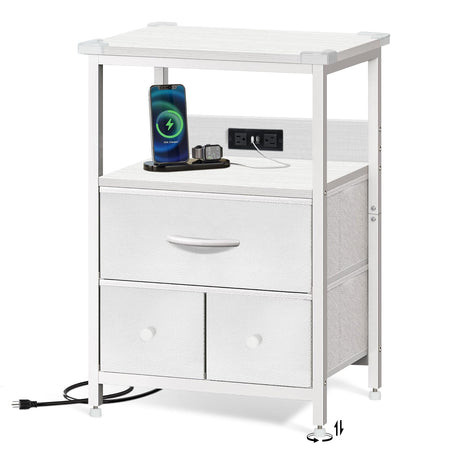 BEHEY Night Stand, Bedside Table, Adjustable Leveling Dorm Nightstand with 3 Drawers Storage, End Table with Corner Protectors, Nightstand with Charging Station, 3-Tiers，White, 15.75 Inch BEHEY