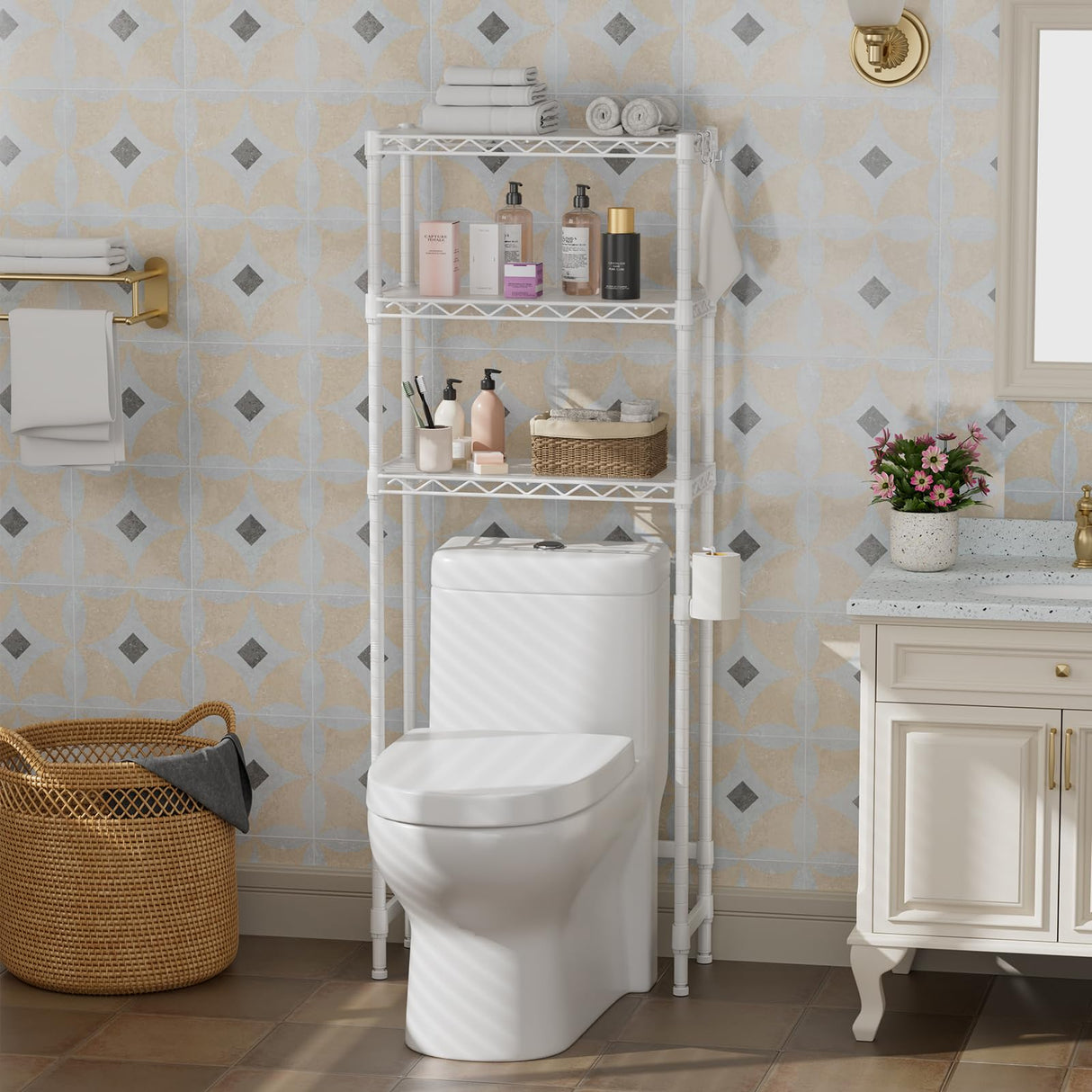 Over The Toilet Shelf,3-Tier Adjustable Freestanding Metal Bathroom Organizer Shelves with Toilet Paper Holder & Hooks,Space-Saving for Narrow Small Bathroom,10”D x 24”W x 66”H,White Golpart