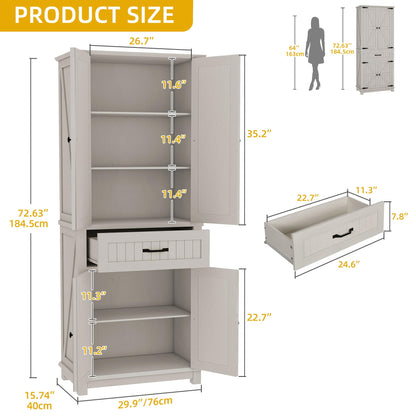 DWVO 72" Tall Farmhouse Pantry Cabinet, Kitchen Storage Cabinet with Drawer and 2 Barn Doors, Kitchen Cabinet Versatile Storage for Living Room, Dining Room, White Oak - WoodArtSupply