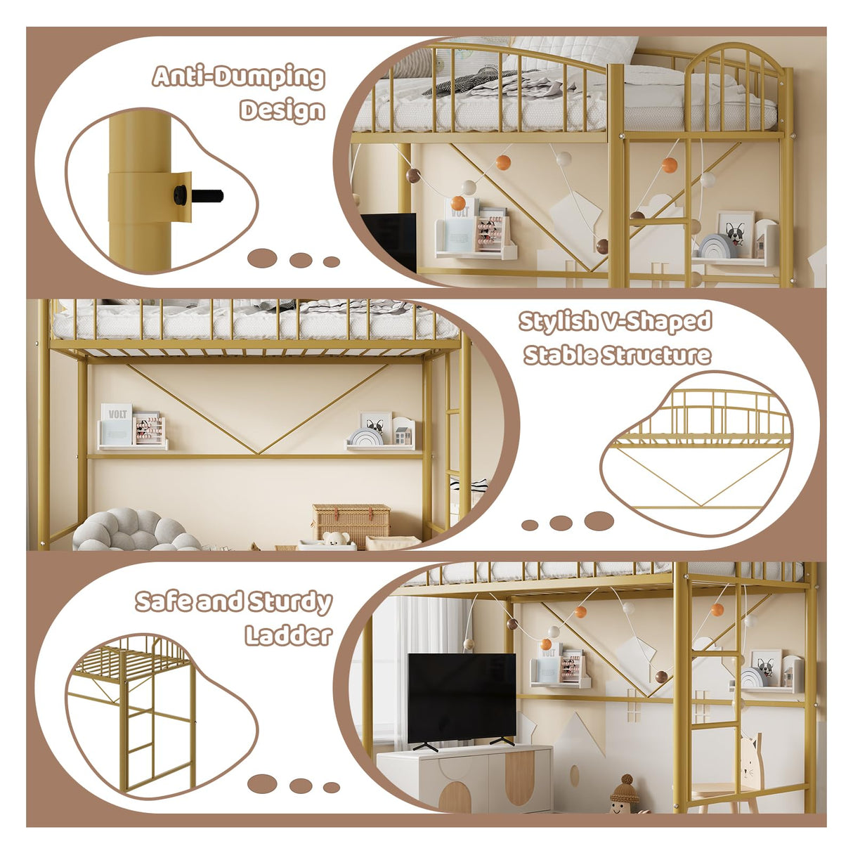 Garvee Loft Bed Twin Size with Ladde and Arched Guardrail, Heavy Duty Metal Loft Bed Frame for Kids and Adults, Sturdy Steel Slats Support, Small Space Saving Design, No Box Spring Needed, Gold Garvee