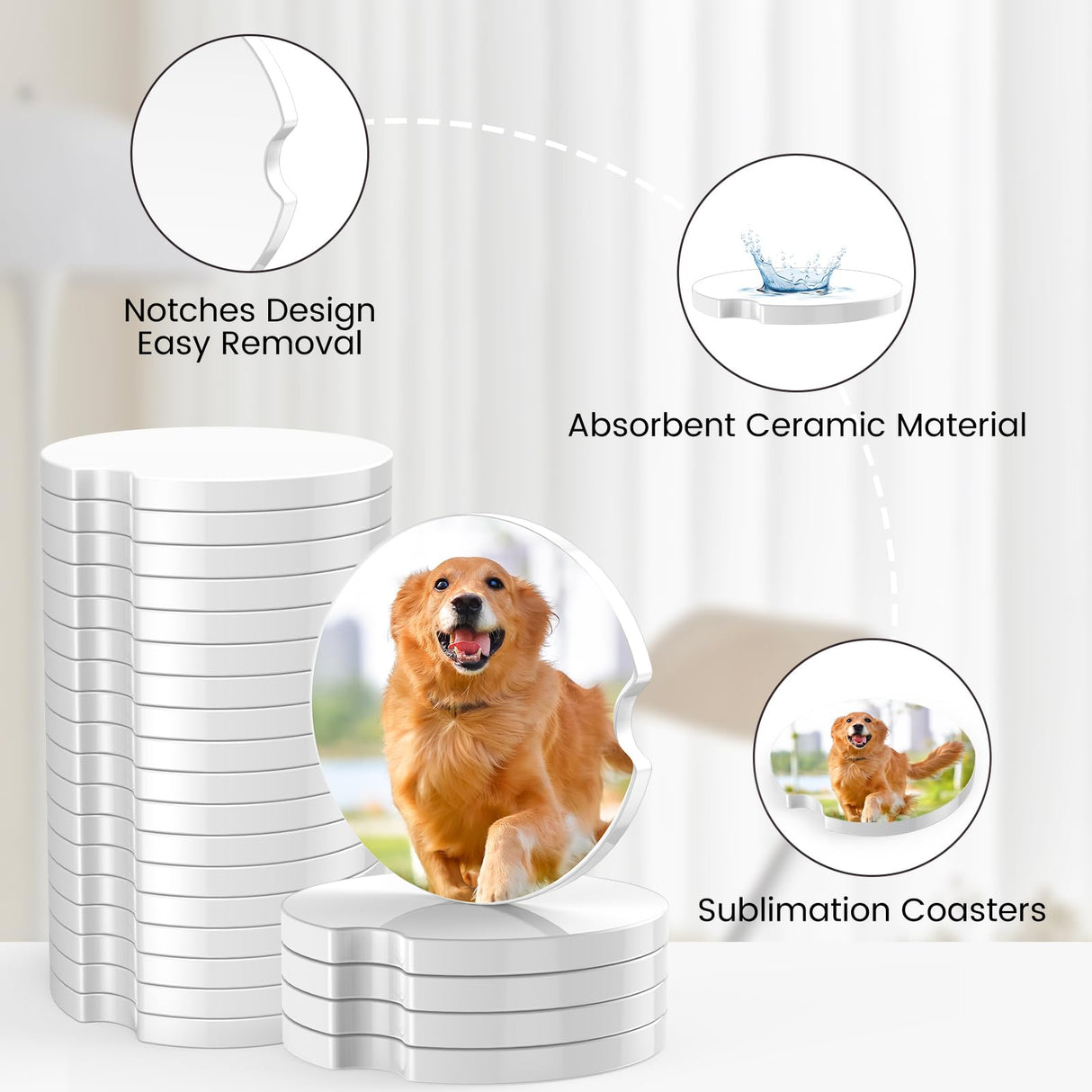 Sublimation Blanks Car Coasters, 12pcs Absorbent Ceramic Car Cupholder Coasters with A Finger Notch for Easy Removal, Keep Vehicle Free from Cold Drink Sweat, Stain and Spill Valyria