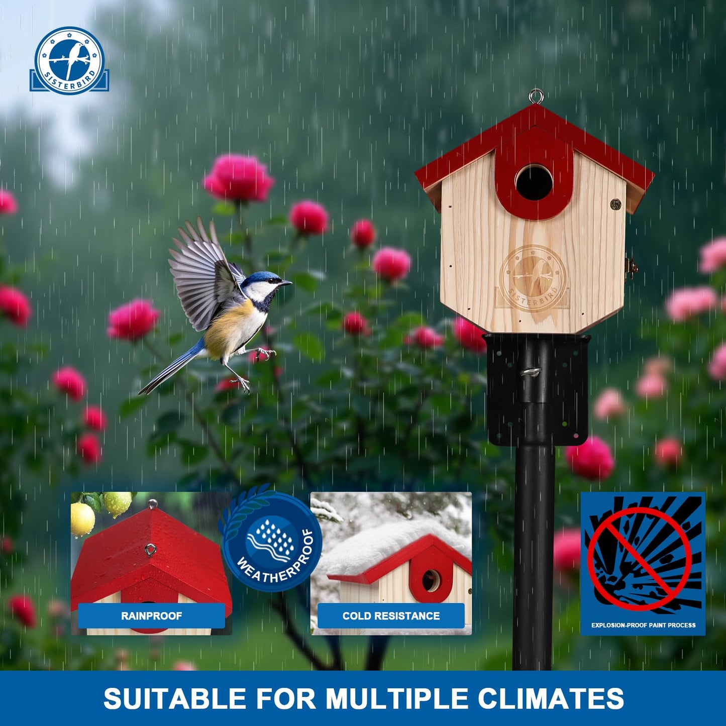 SISTERBIRD Wren Bird Houses for Outside Cedar Hanging Birdhouses for Outdoors 1-1/8" Entrance Hole Bird Houses for Outside Clearance Wooden Nesting Box Chickadee Predator Guard, Red