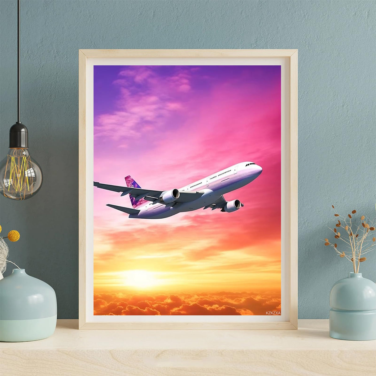 KZKZXA Airplane Flying Through The Sky at A Sunset Diamond Painting Kits Airplane Diamond Painting, Full Round Diamond Art Kits, Home Wall Decor 12x16 inch KZKZXA