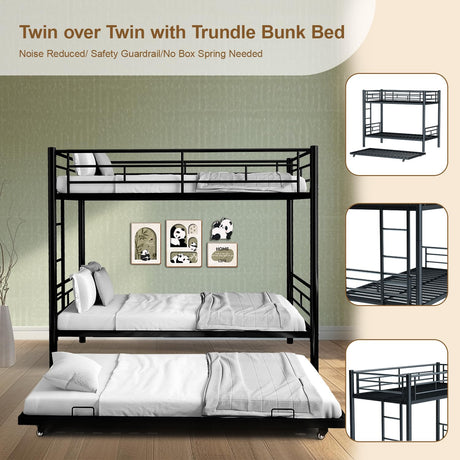 Twin Over Twin Bunk Bed with Trundle, Metal Bunk Beds with 2 Ladder and Guardrails, Convertible Triple Bunk Bed for Kids, Teens and Adults, No Box Spring Needed, Space Saving (Black) AYJOIR