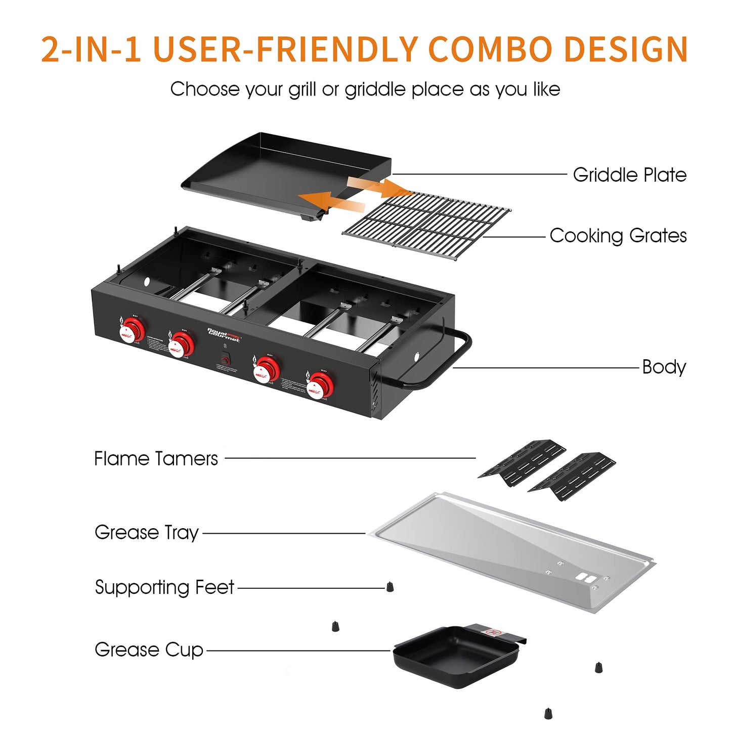 Royal Gourmet GD4002T 4-Burner Tailgater Grill Griddle Combo, Portable Propane Gas Grill and Griddle Combo for Backyard or Outdoor BBQ Cooking, 40,000 BTUs, Black