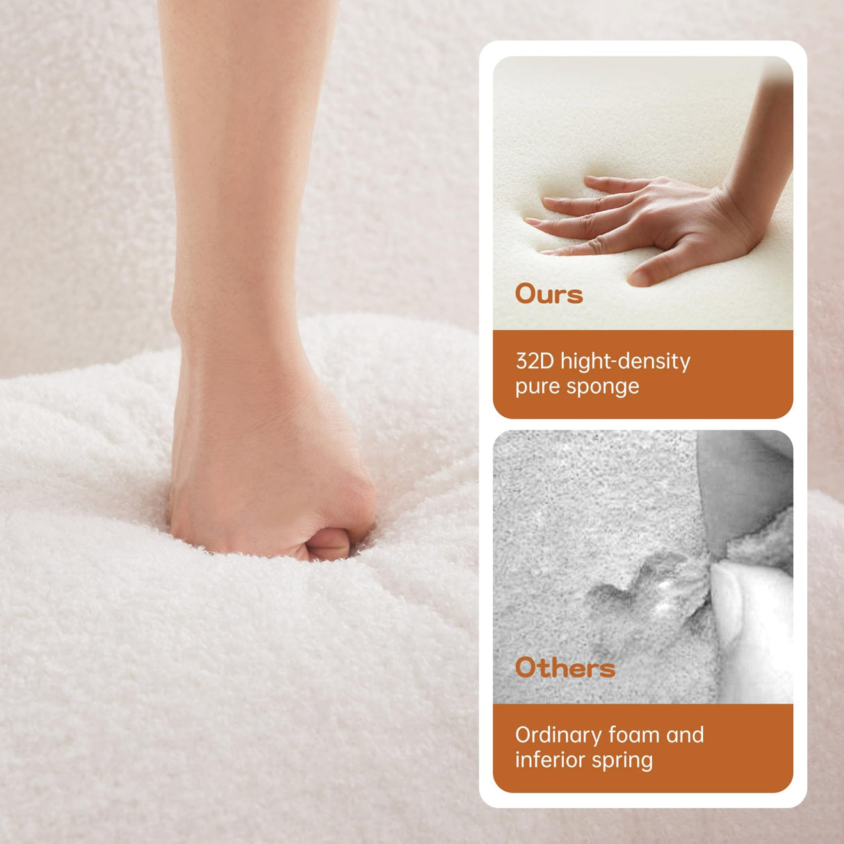 Zylena 106" 3-Seat Teddy Fabric No Assembly 32D High Density Sponge Boneless Sofa, Fluffy Comfy Couch with L-Shaped Chaise, for Living Room, White Zylena