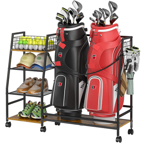 Golf Bag Storage Rack for Garage with Wheels, Organizer for 2 Golf Bag and Equipment Accessories, Golf Organizer Stand Ideal for Home, Garage, Club, Shed, Basement - Sturdy and Durable (Black) DAOUTIME