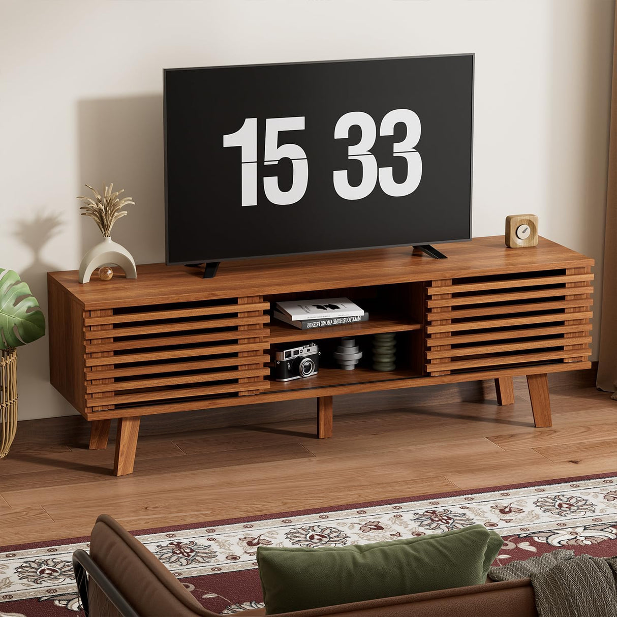 BVFUKA Mid Century Modern TV Stand for 55/60/65 inch TV, Entertainment Center with Sliding Door and Storage Shelves, TV and Media Consol for Living Room, Boho Wood Credenza for Living Room BVFUKA