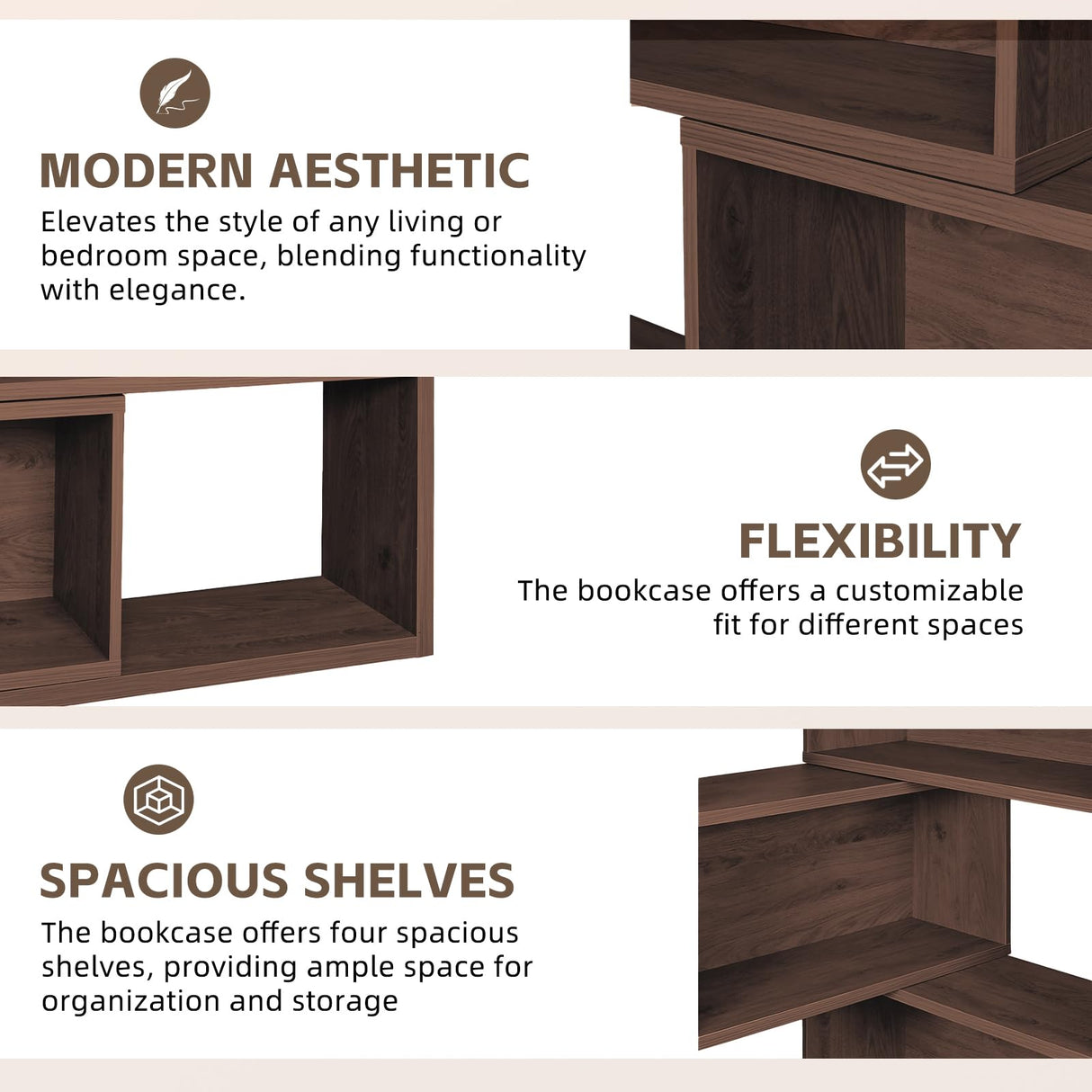 AKFJOSGE Expandable 3-in-1 Convertible Bookcase with Adjustable Width, Corner & Straight Shelf Design, 4-Tier Modern Storage Organizer, Space-Saving Wooden Bookshelf for Living Room, Bedroom AKFJOSGE