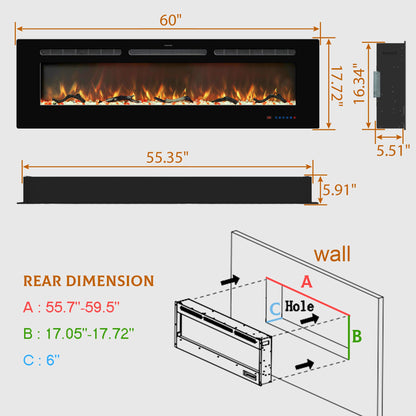 Kentsky 60 inches Electric Fireplace Inserts, Recessed and Wall Mounted Fireplace Heater, Linear Fireplace w/Thermostat, Remote & Touch Screen, Multicolor Flame, Timer, Logs & Crystal, 750W/1500W